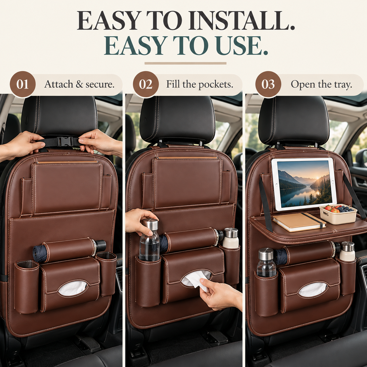 🚗 Car Seat Back Organizer with Fold-Down Tray – Multi-Pocket Storage for Family Travel