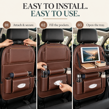 🚗 Car Seat Back Organizer with Fold-Down Tray – Multi-Pocket Storage for Family Travel