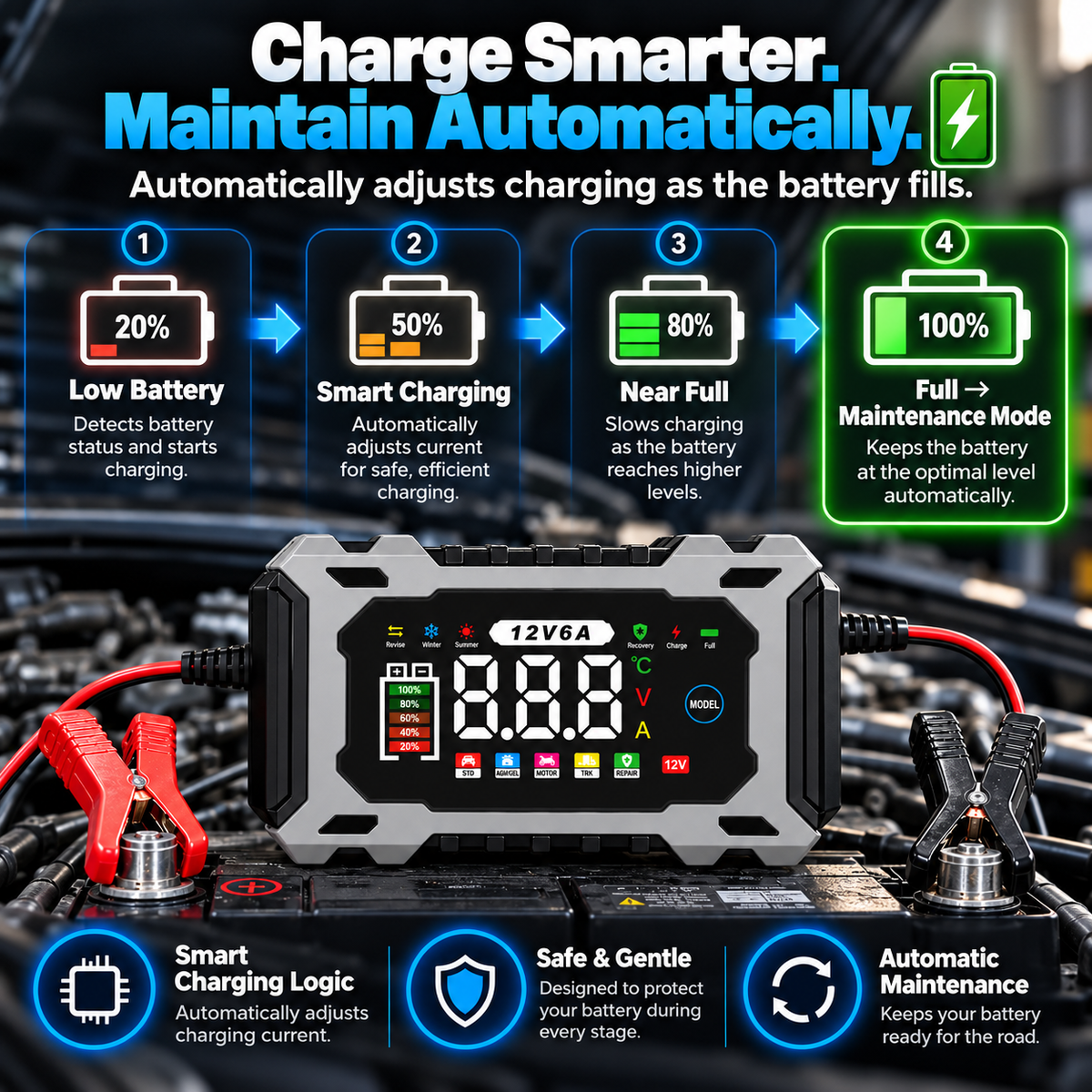 12V 6A Smart Battery Charger Maintainer - Fully Automatic Trickle Charger