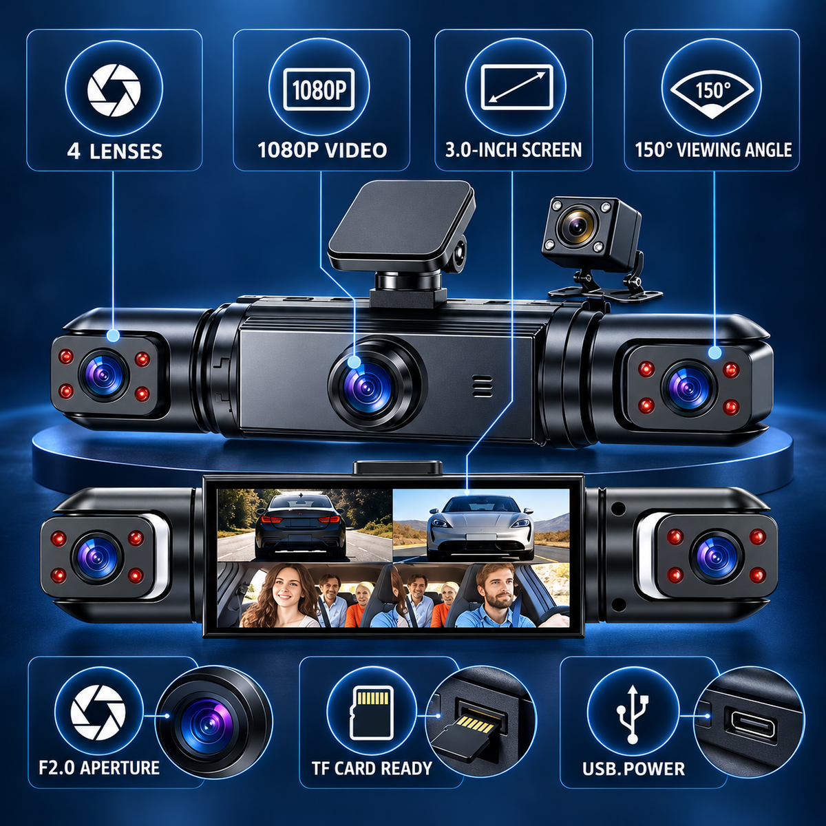 🚗 4-Lens 1080P Dash Cam — See Front, Left, Right & Rear in One Drive