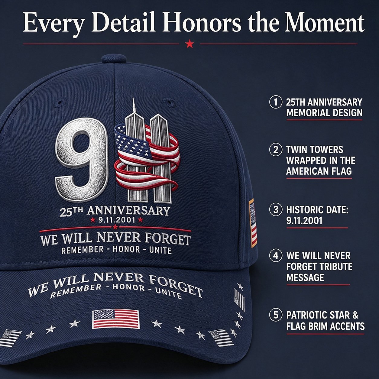 🔥LAST DAY 50% OFF - 9/11 25th Anniversary We Will Never Forget Embroidered Memorial Baseball Cap – Unisex Patriotic Memorial Hat🧢 100% Cotton