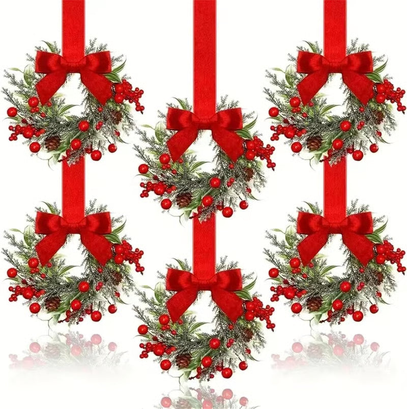 6-Pack 10" Christmas Mini Cabinet Wreaths for Kitchen with Ribbon Bows Red Berry