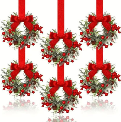 6-Pack 10" Christmas Mini Cabinet Wreaths for Kitchen with Ribbon Bows Red Berry