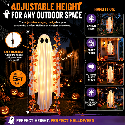 🎃 Limited Halloween Sale 👻✨LED Hanging Ghost Swing Decoration, 5FT Remote Controlled Halloween Outdoor Hanging Decor