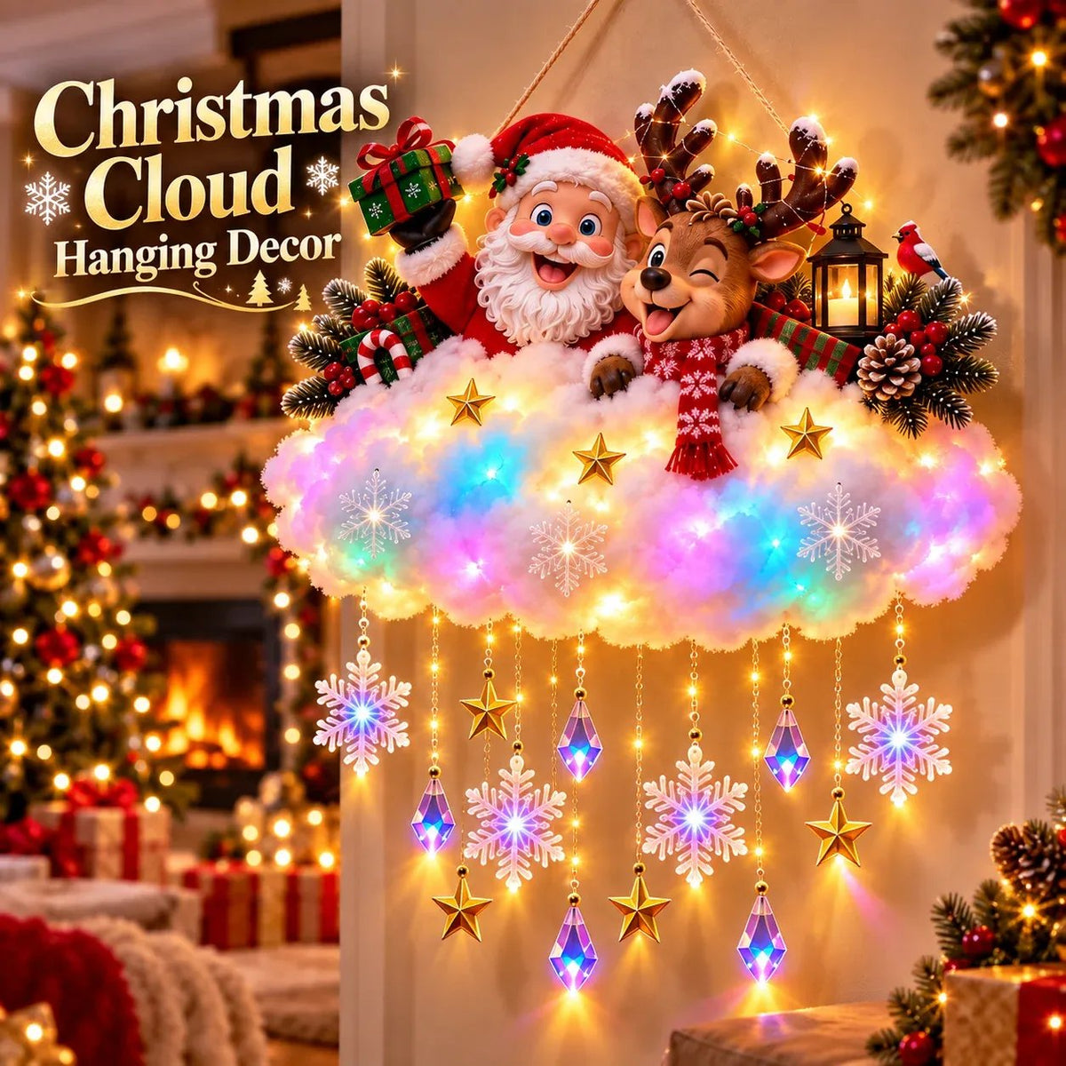 ✨🎄 Light-Up Christmas Cloud Hanging Decor – Santa & Winter Village Holiday Display