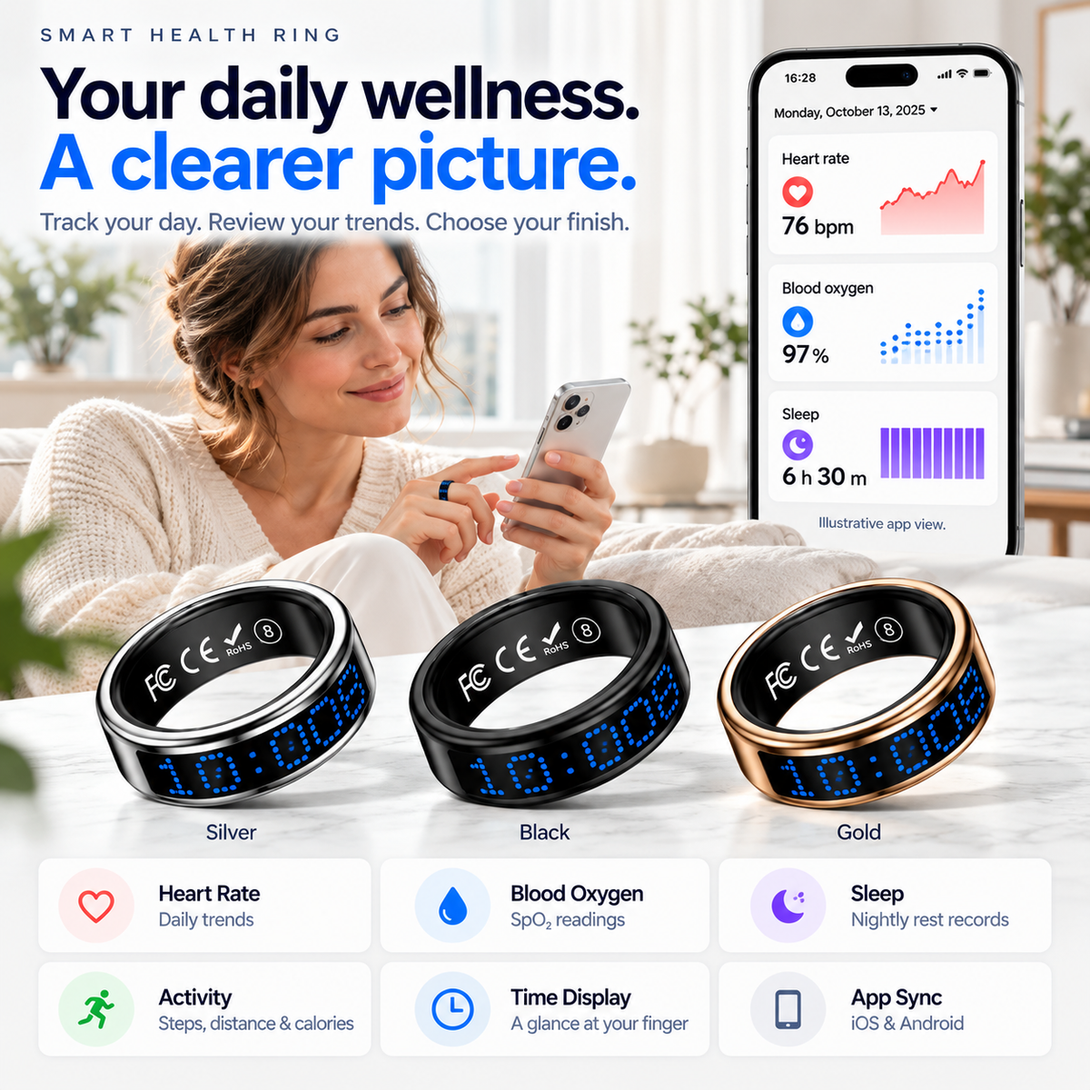 Smart Health Ring – 24/7 Heart Rate, Sleep & Activity Tracking | Sleek, Lightweight & IP68 Waterproof