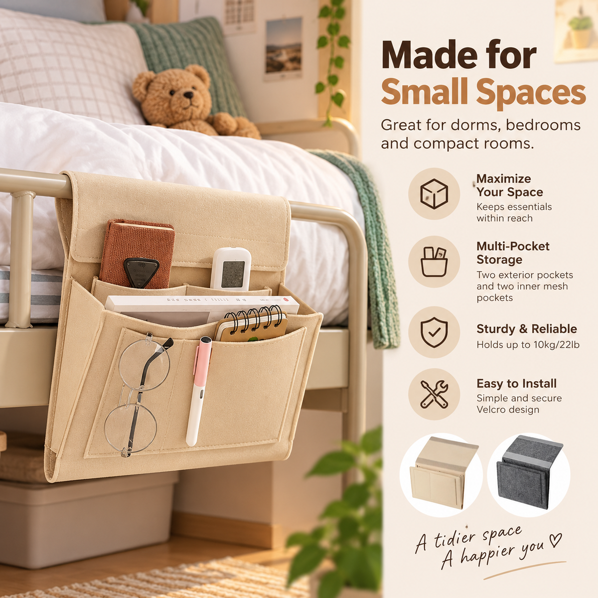 🛏️ Hanging Felt Bedside Caddy Organizer – 5-Pocket Mattress & Sofa Storage ✨
