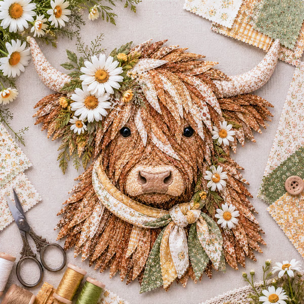⏰LAST DAY 49% OFF - 🐮💐🌸 Birth Flower Highland Cow 3D Layered Fabric Art DIY Kit | Complete Kit Included