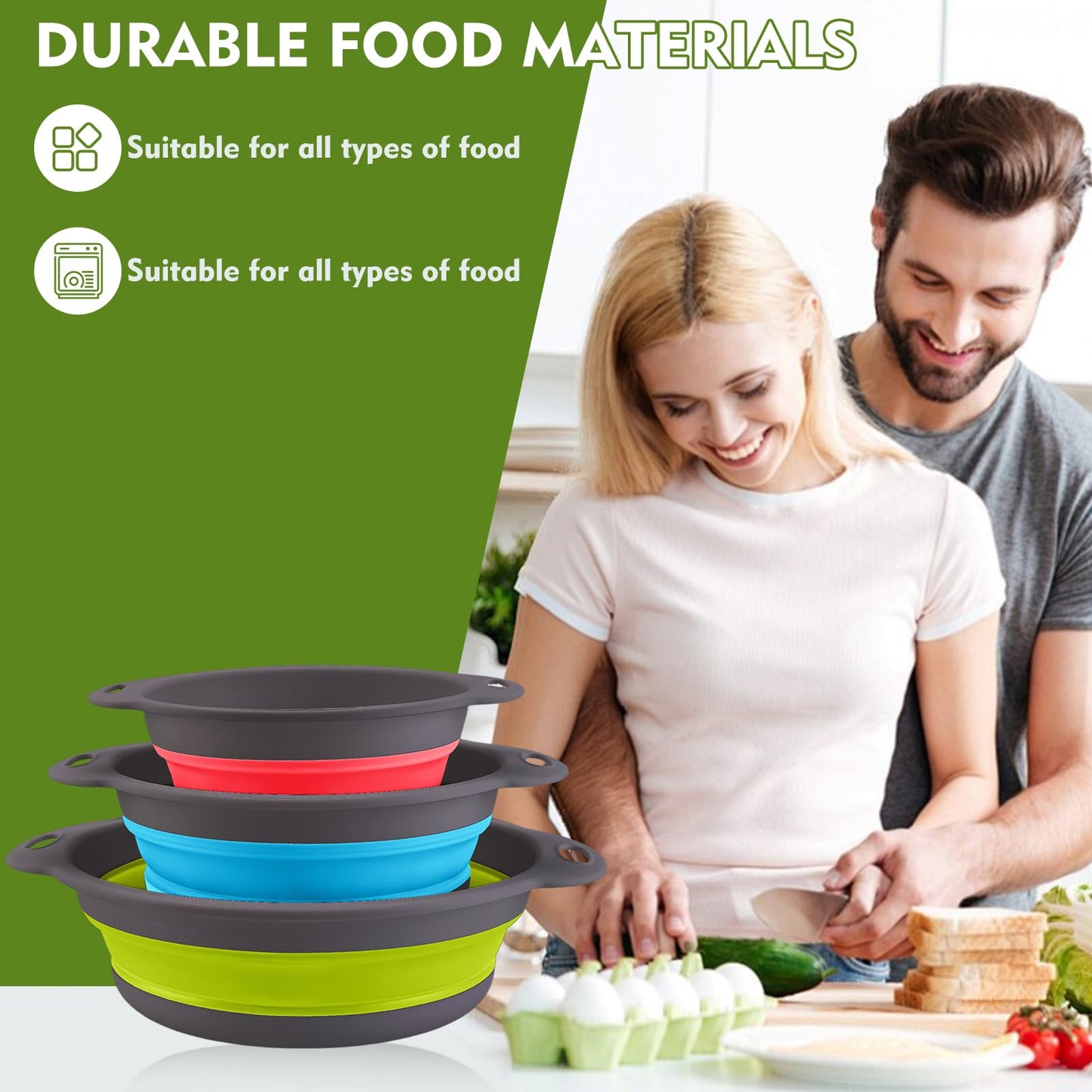 🥬3-Piece Collapsible Colander Set – Space-Saving Silicone Strainers