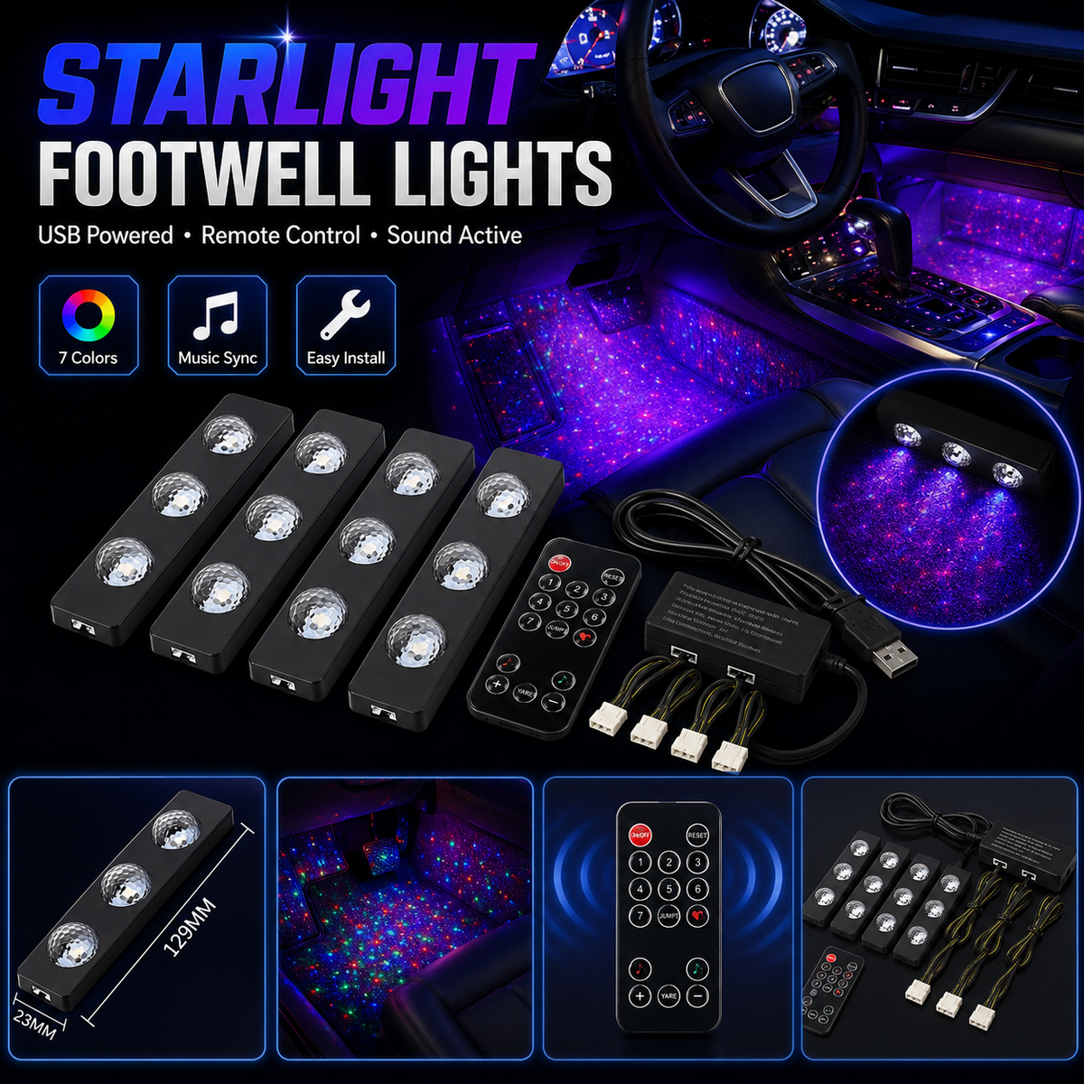 ✨7-Color Car USB Foot Star LED Ambient Light with Remote Control, Star Lights For Car