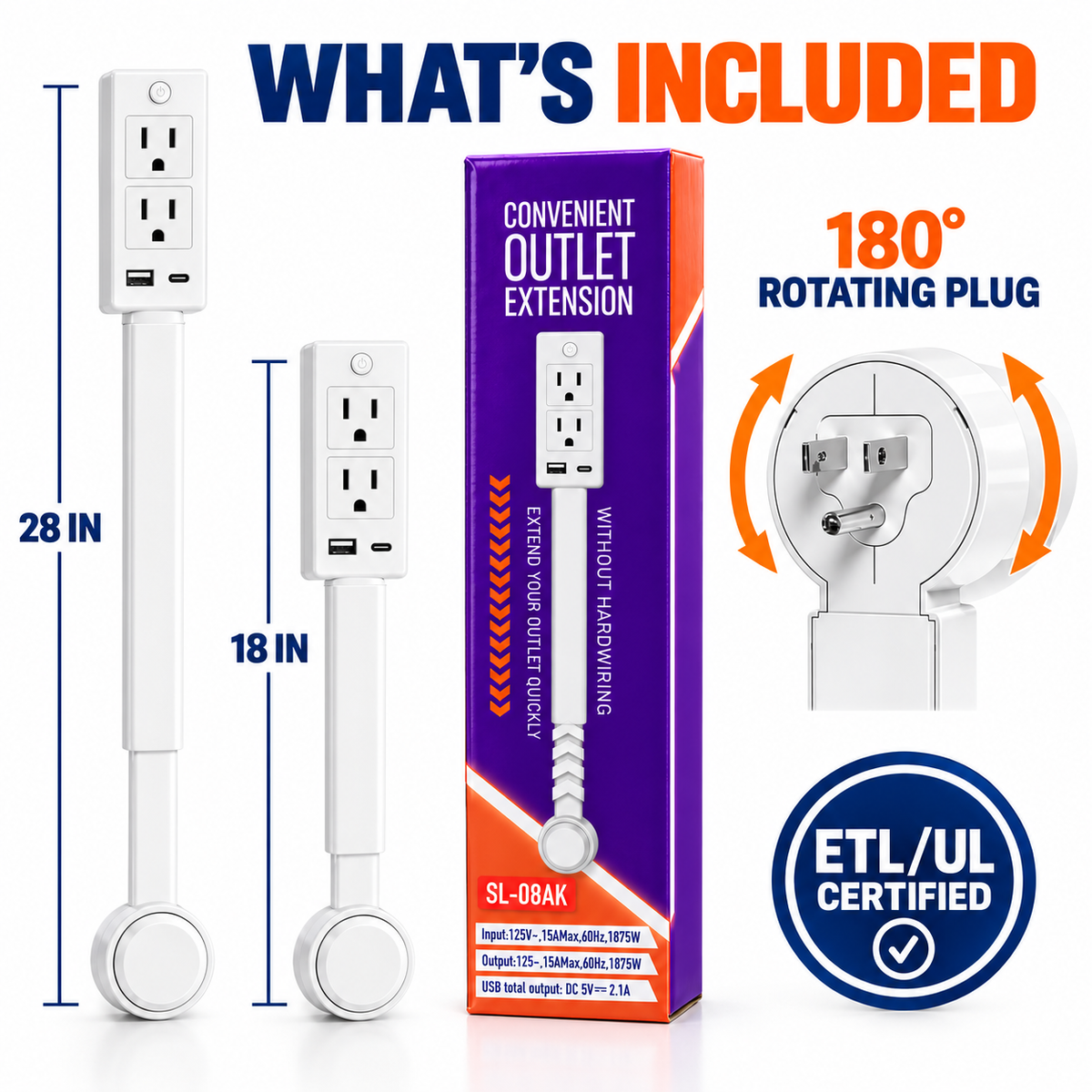 【100% FIRE-SAFE】EAZY Swivel Outlet Extender with Switch — 18–28″ Adjustable, USB-C + USB-A + 2 AC