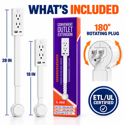 【100% FIRE-SAFE】EAZY Swivel Outlet Extender with Switch — 18–28″ Adjustable, USB-C + USB-A + 2 AC