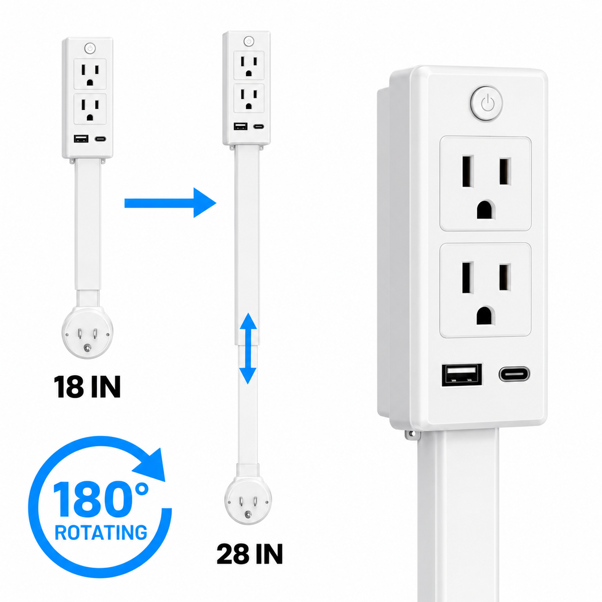 【100% FIRE-SAFE】EAZY Swivel Outlet Extender with Switch — 18–28″ Adjustable, USB-C + USB-A + 2 AC