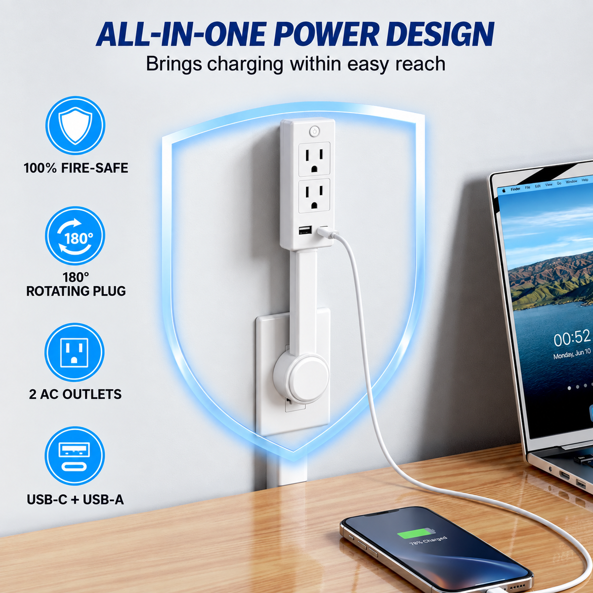 【100% FIRE-SAFE】EAZY Swivel Outlet Extender with Switch — 18–28″ Adjustable, USB-C + USB-A + 2 AC