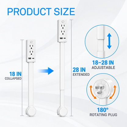 【100% FIRE-SAFE】EAZY Swivel Outlet Extender with Switch — 18–28″ Adjustable, USB-C + USB-A + 2 AC