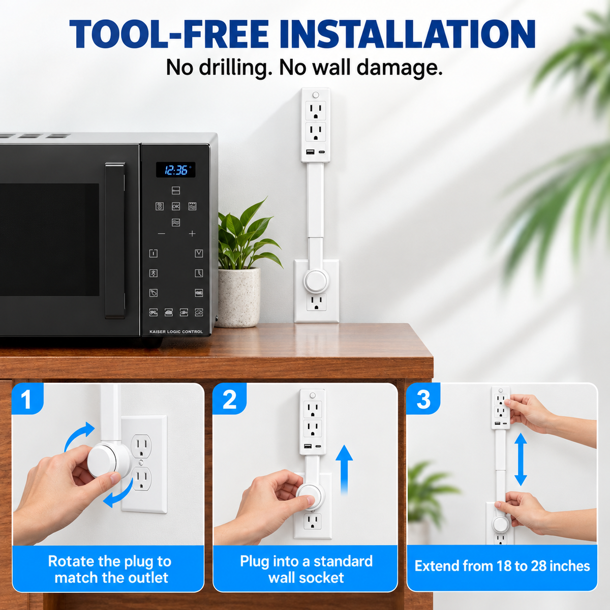 【100% FIRE-SAFE】EAZY Swivel Outlet Extender with Switch — 18–28″ Adjustable, USB-C + USB-A + 2 AC