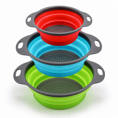 🥬3-Piece Collapsible Colander Set – Space-Saving Silicone Strainers