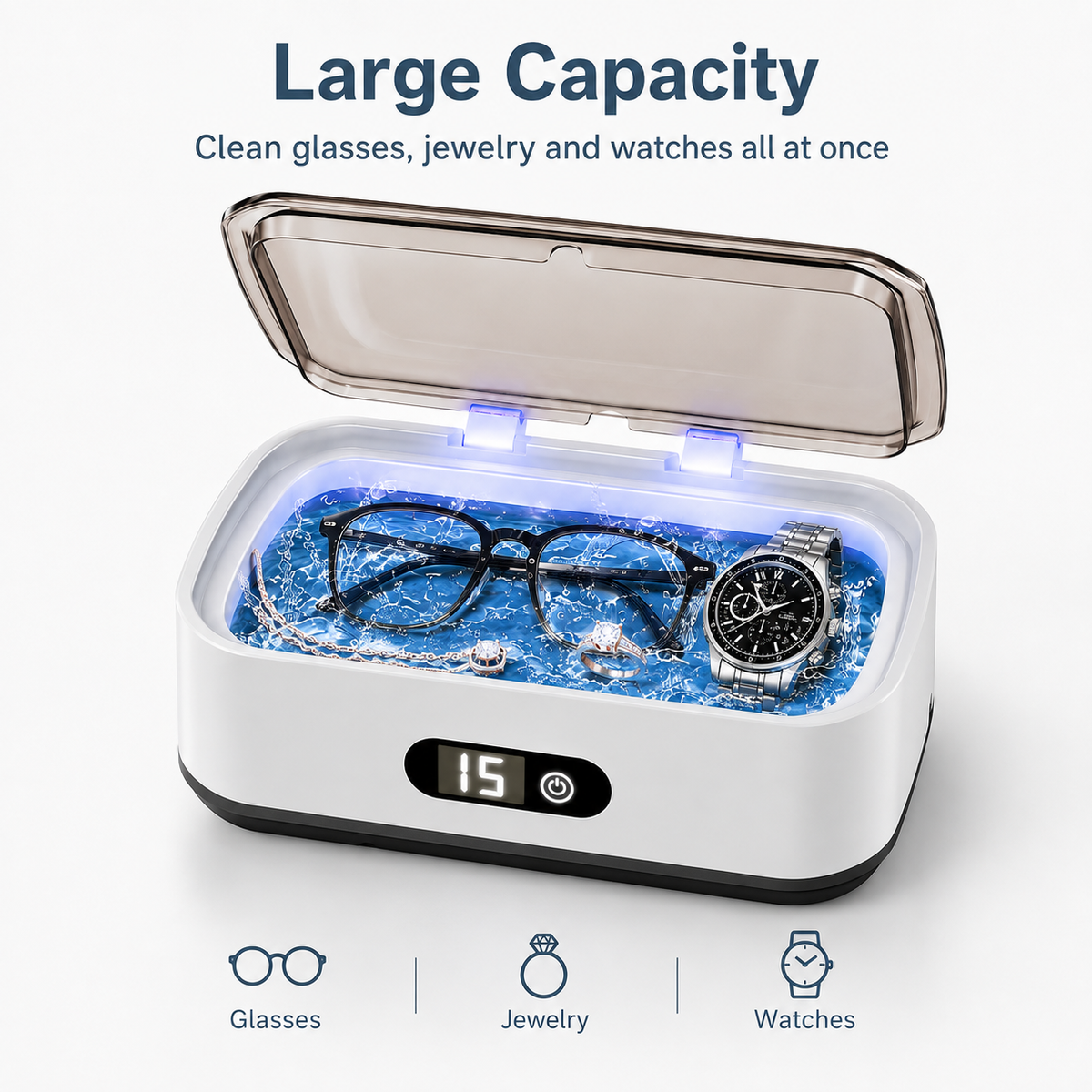 Large Capacity Ultrasonic Jewelry Cleaner with UV Light for Glasses, Watches & Jewelry