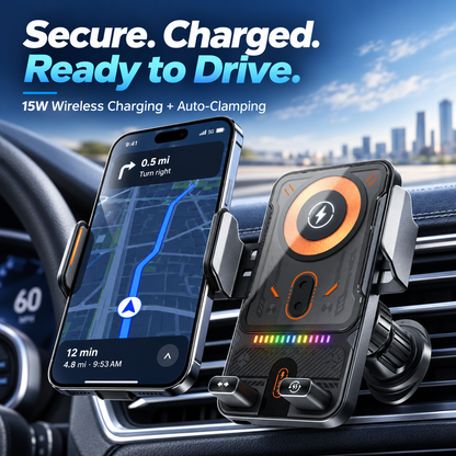 🔥 Smart⚡ 2-in-1 Car Phone Mount – 15W Wireless Charging & Auto-Rotating Grip