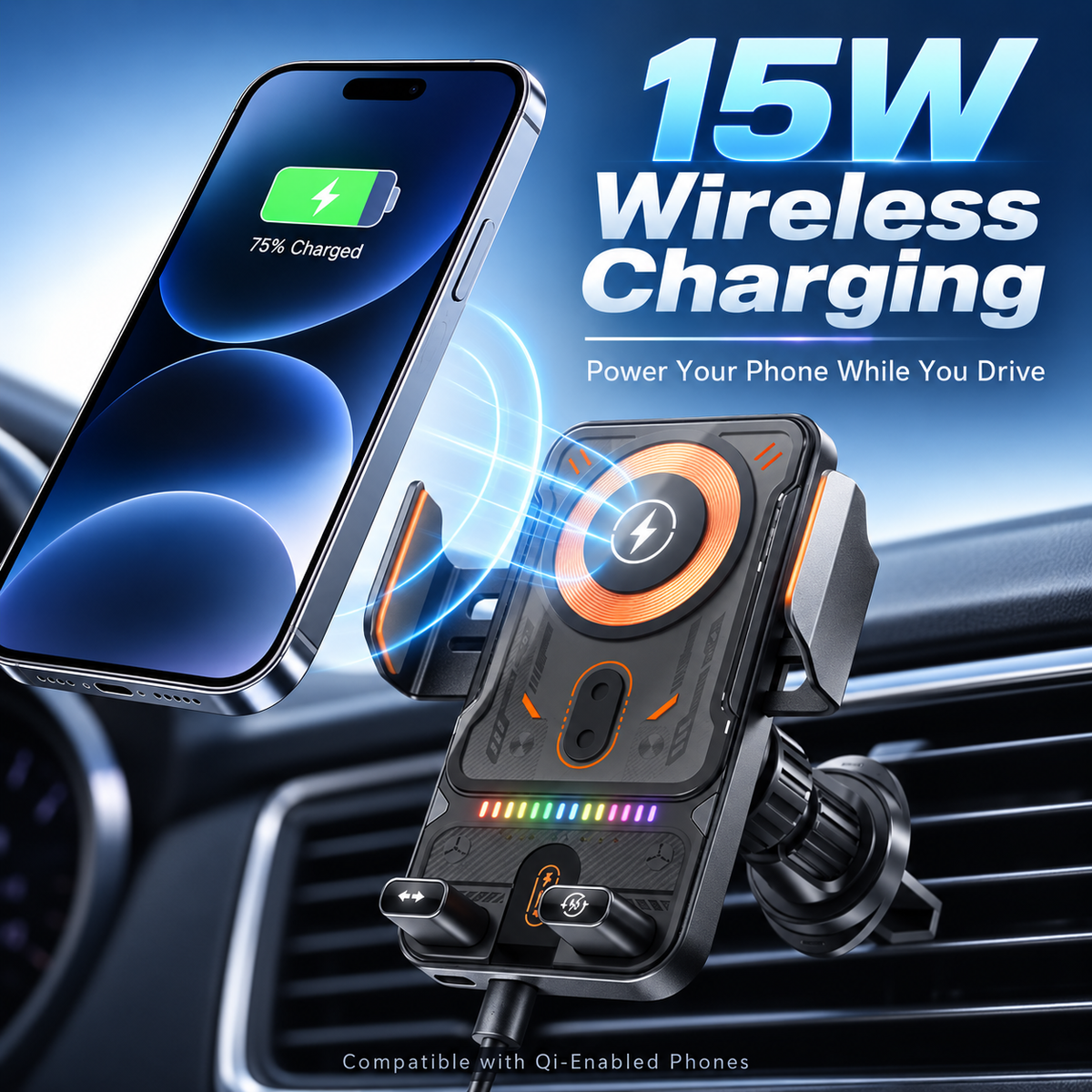 📱Smart 2-in-1 Car Phone Mount – 15W Wireless Charging & Auto-Rotating Grip