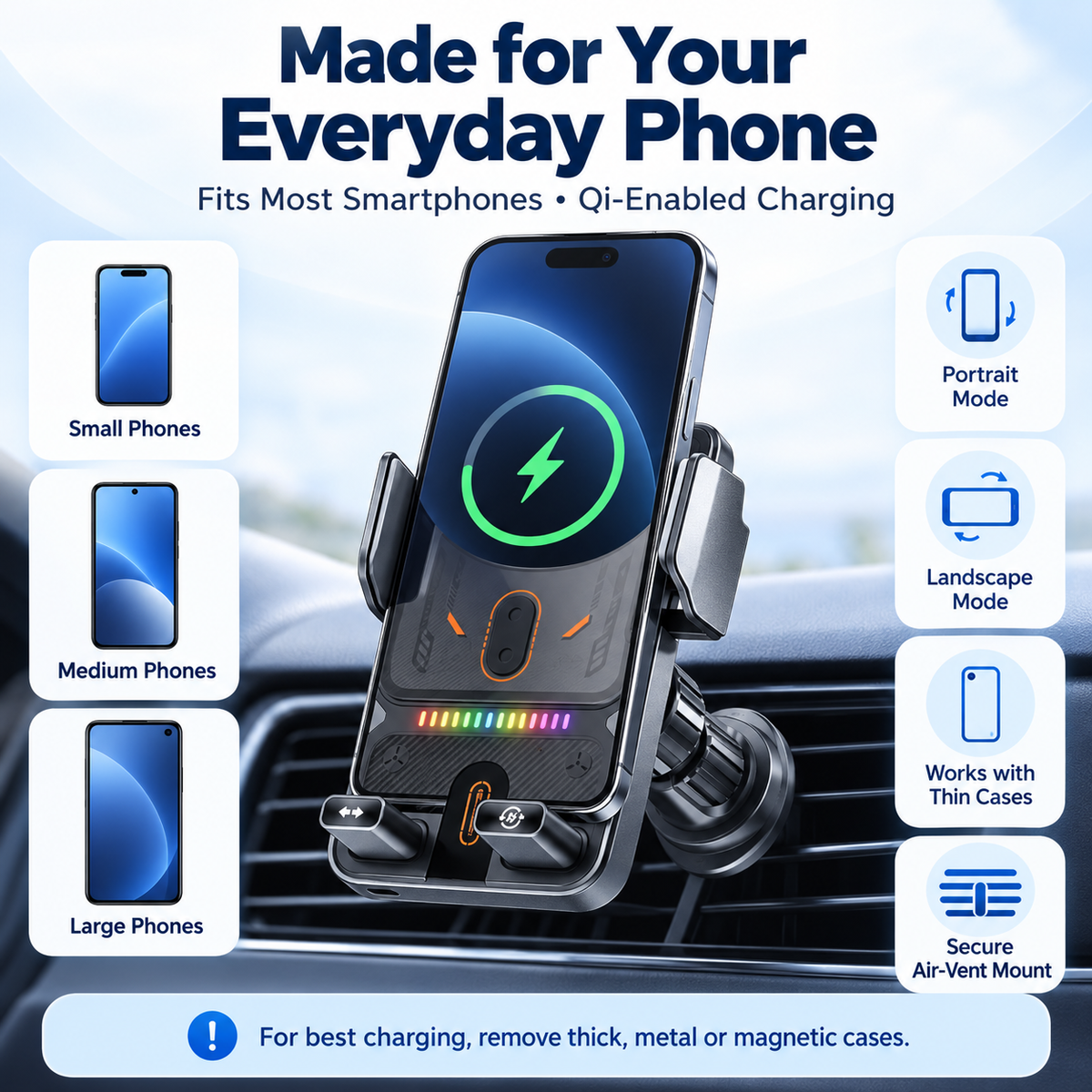 📱Smart 2-in-1 Car Phone Mount – 15W Wireless Charging & Auto-Rotating Grip
