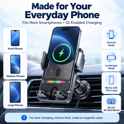 📱Smart 2-in-1 Car Phone Mount – 15W Wireless Charging & Auto-Rotating Grip