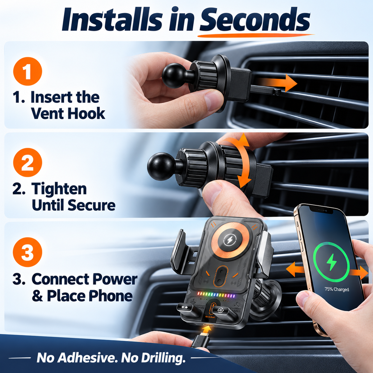 📱Smart 2-in-1 Car Phone Mount – 15W Wireless Charging & Auto-Rotating Grip