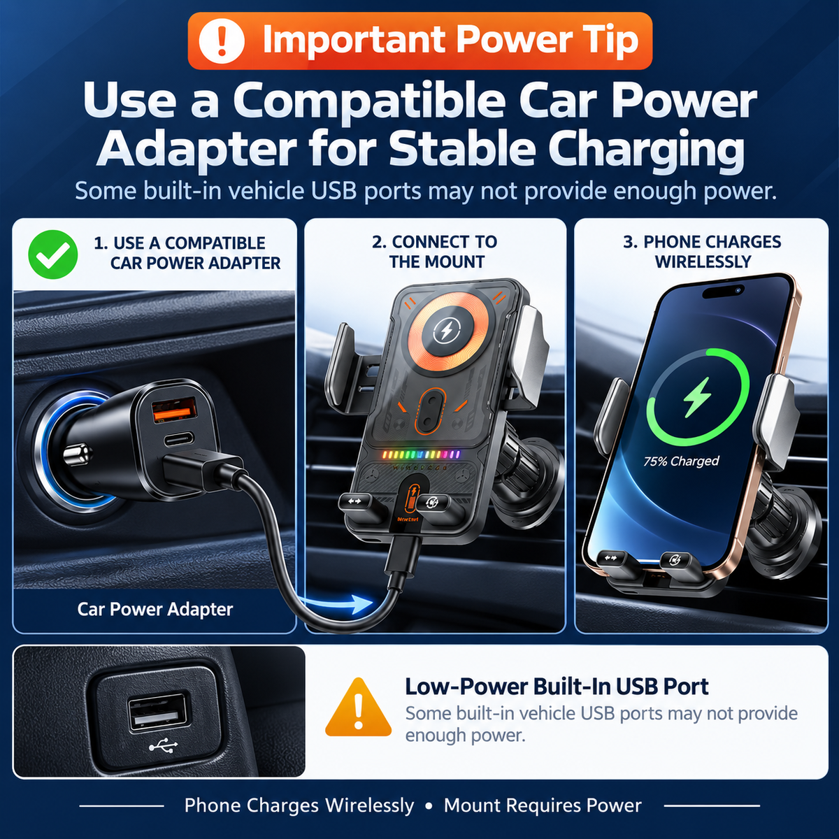 📱Smart 2-in-1 Car Phone Mount – 15W Wireless Charging & Auto-Rotating Grip