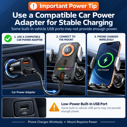 📱Smart 2-in-1 Car Phone Mount – 15W Wireless Charging & Auto-Rotating Grip