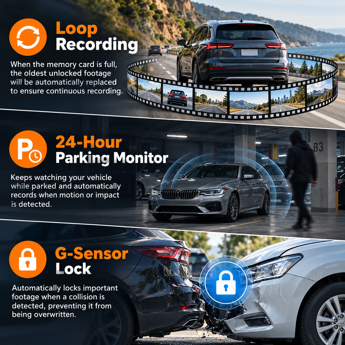 🎥 1080P HD Car Dash Camera | 🚘Infrared Night Vision, G-Sensor, Loop Recording & Adjustable Lenses