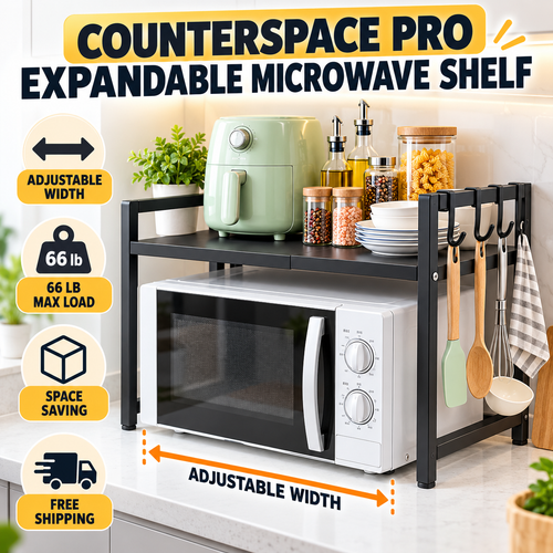 ✨✨ CounterSpace Pro Expandable Microwave Shelf – Adjustable Kitchen Organizer with 6 Hooks