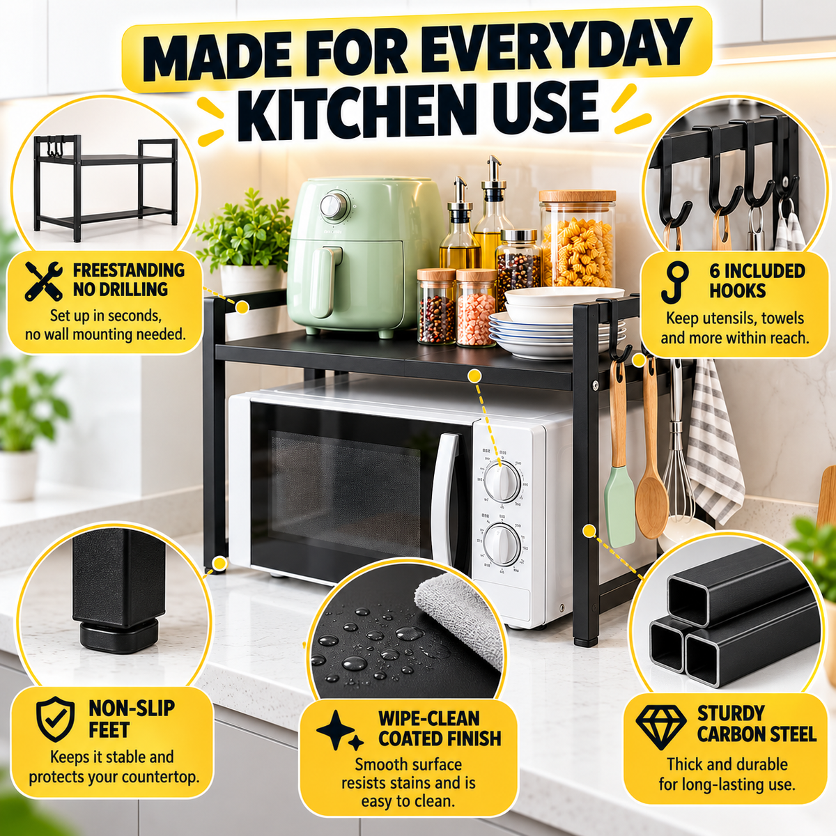 ✨✨ CounterSpace Pro Expandable Microwave Shelf – Adjustable Kitchen Organizer with 6 Hooks