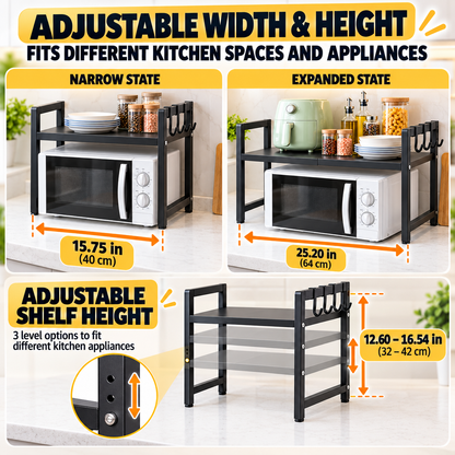 ✨✨ CounterSpace Pro Expandable Microwave Shelf – Adjustable Kitchen Organizer with 6 Hooks