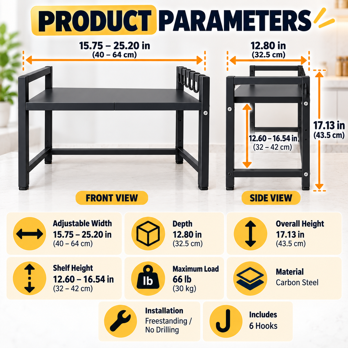 ✨✨ CounterSpace Pro Expandable Microwave Shelf – Adjustable Kitchen Organizer with 6 Hooks