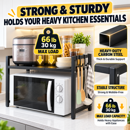 ✨✨ CounterSpace Pro Expandable Microwave Shelf – Adjustable Kitchen Organizer with 6 Hooks