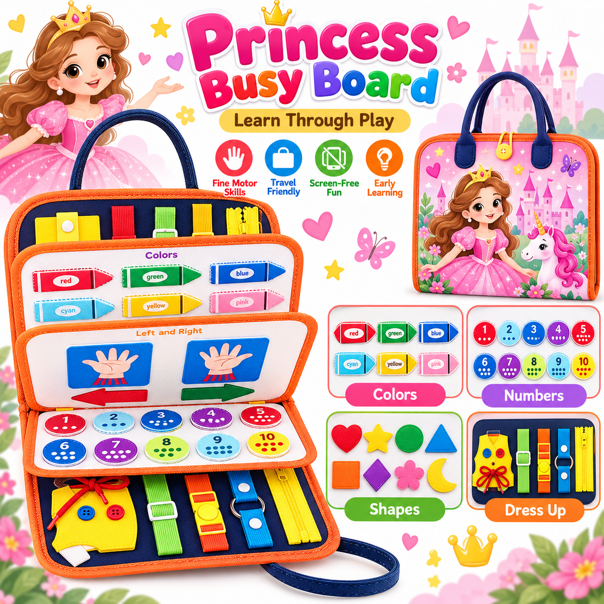 🧠 Montessori Busy Board for Toddlers – Interactive Sensory Learning Toy 🎒 Screen-Free Educational Activity Book