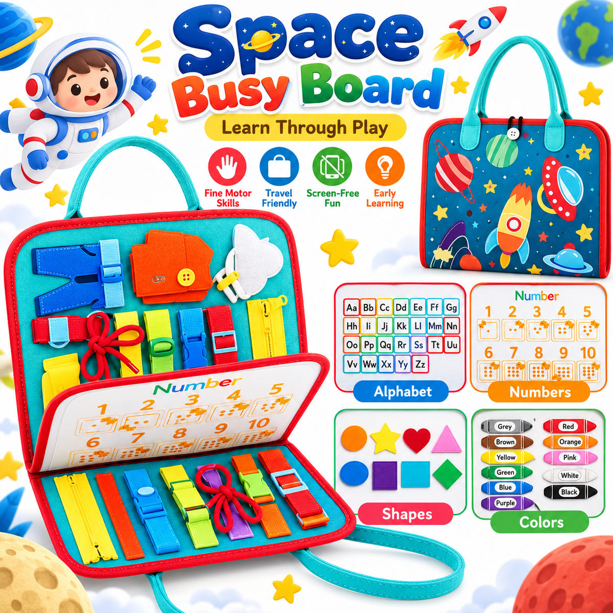 🧠 Montessori Busy Board for Toddlers – Interactive Sensory Learning Toy 🎒 Screen-Free Educational Activity Book