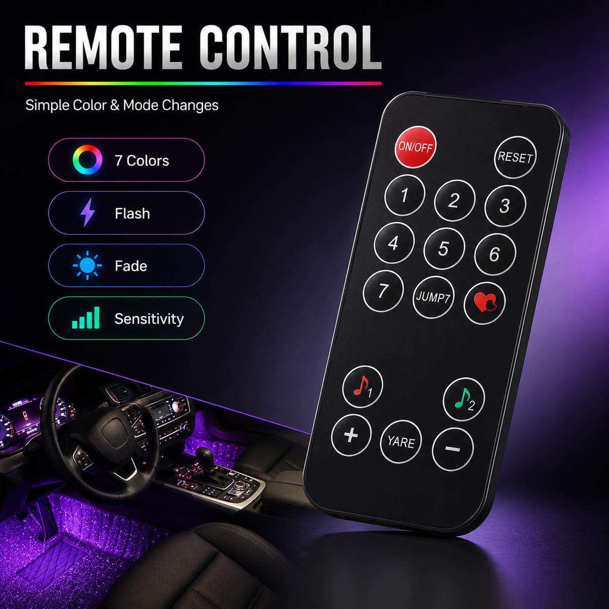 ✨7-Color Car USB Foot Star LED Ambient Light with Remote Control, Star Lights For Car