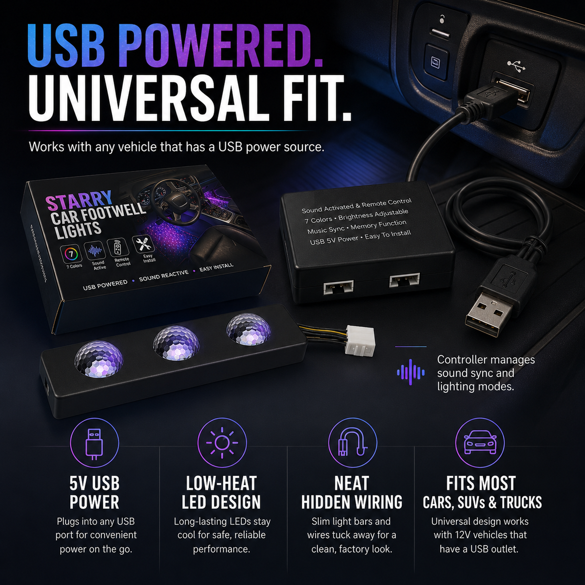 ✨7-Color Car USB Foot Star LED Ambient Light with Remote Control, Star Lights For Car