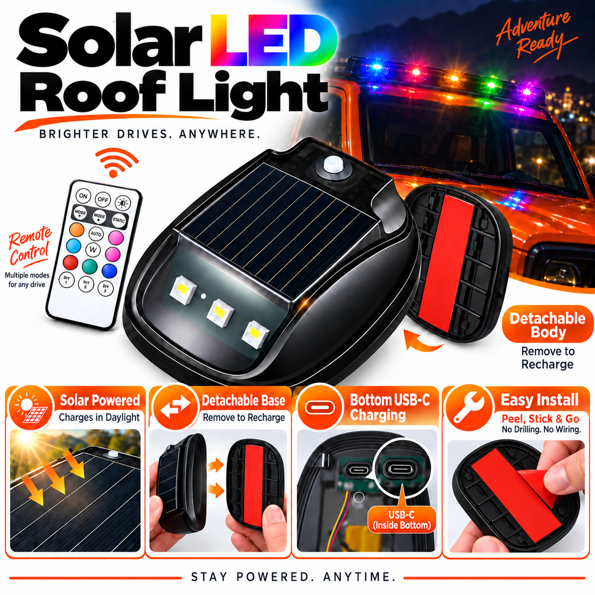 ⚡⚡ UPGRADE YOUR RIDE🔥🔥Dual-Charging RGB Car Roof Lights – USB + Solar, Detachable & Easy Install