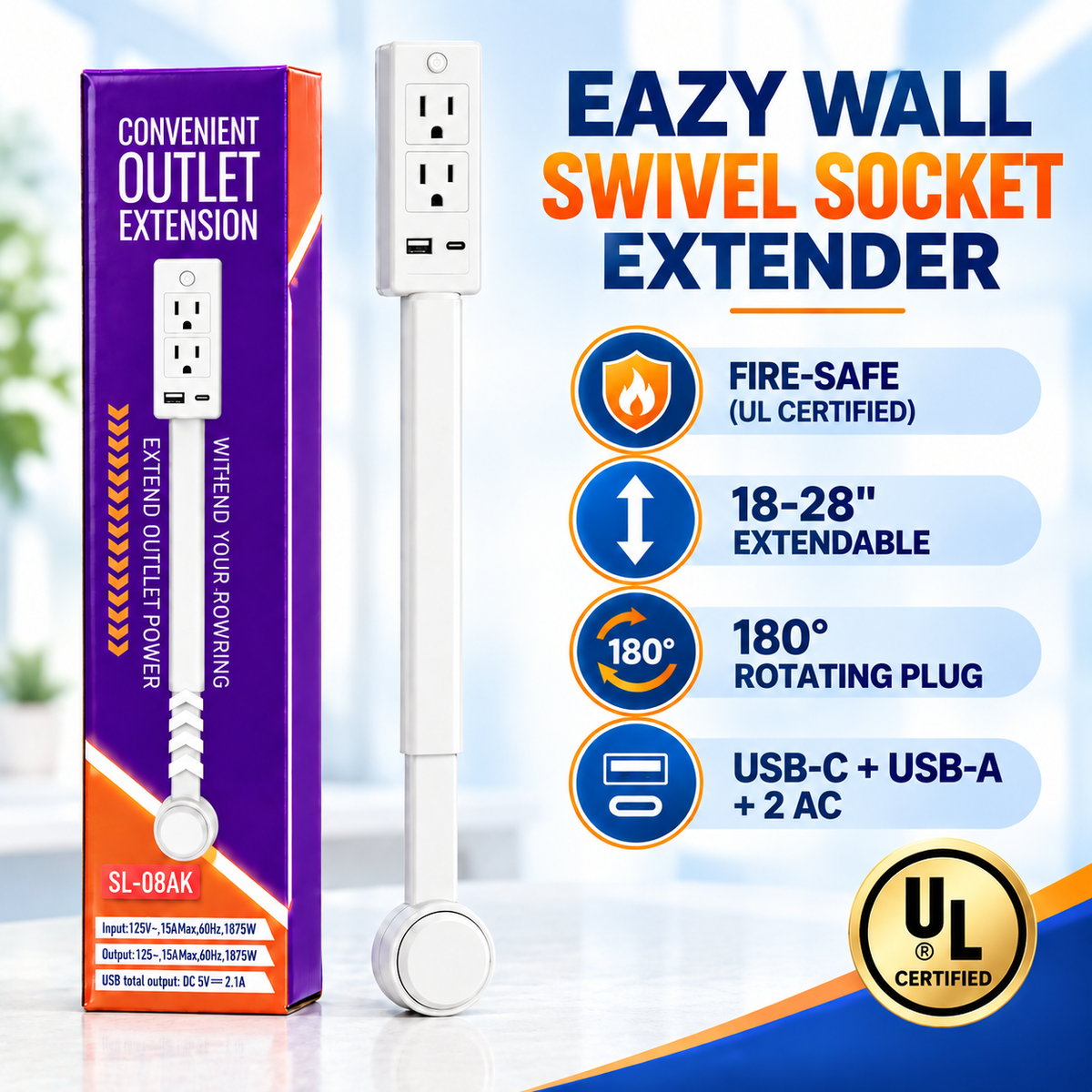 【100% FIRE-SAFE】EAZY Swivel Outlet Extender with Switch — 18–28″ Adjustable, USB-C + USB-A + 2 AC