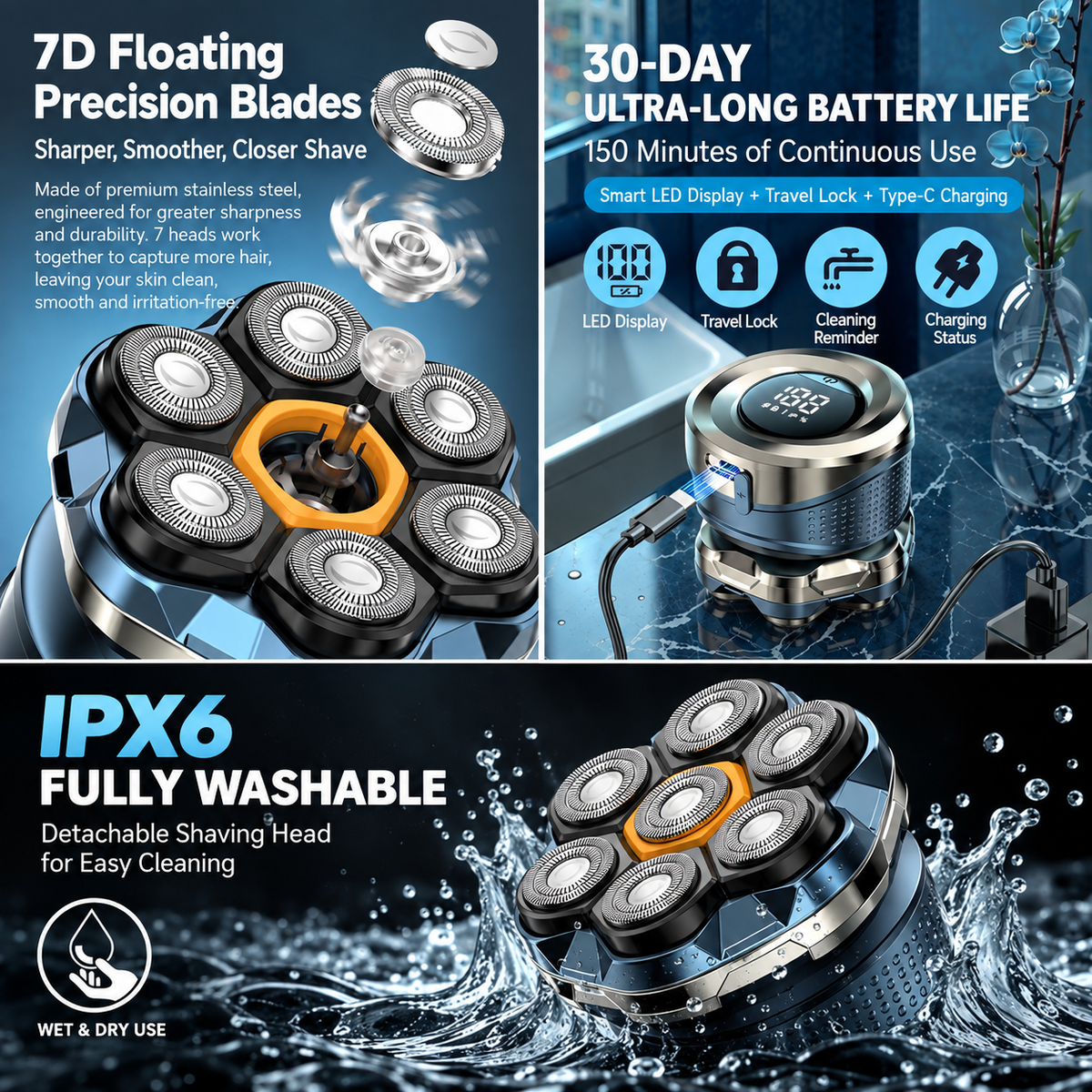 7D Waterproof Head Shaver Kit for Bald Men