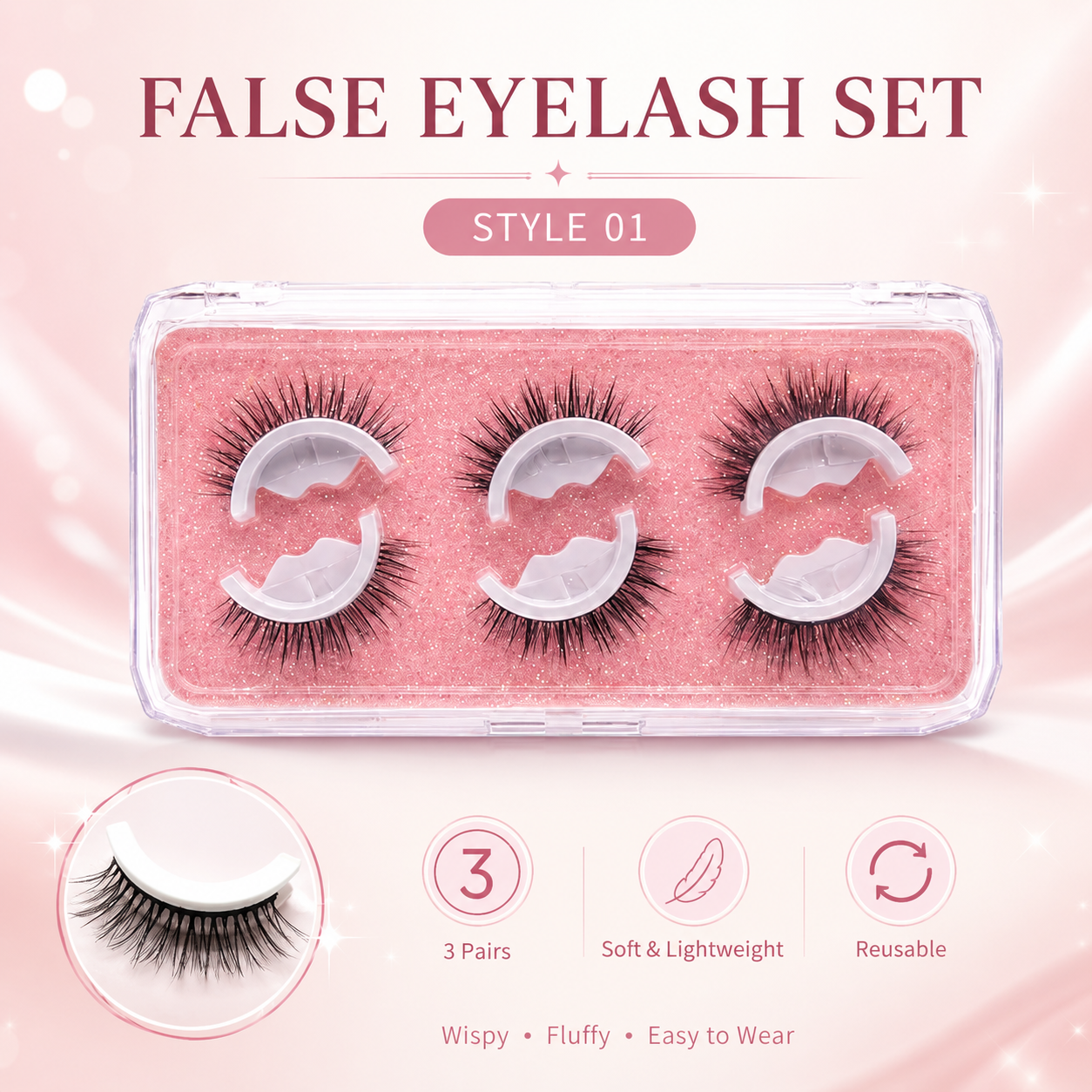 👁️Reusable Self-Adhesive False Eyelashes – 3-Pair Glue-Free Lash Set💕