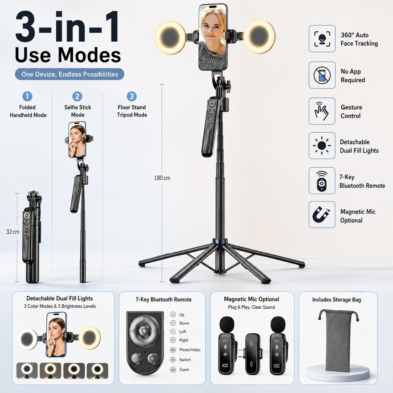 AI Face Tracking Selfie Stick Tripod – 360° Auto Tracking, 70.8" 4-Leg Stand with Dual Fill Lights & Wireless Mic Options