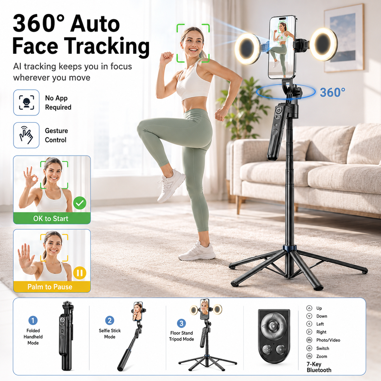 AI Face Tracking Selfie Stick Tripod – 360° Auto Tracking, 70.8" 4-Leg Stand with Dual Fill Lights & Wireless Mic Options