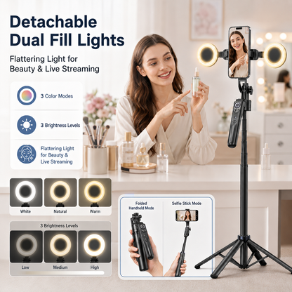 AI Face Tracking Selfie Stick Tripod – 360° Auto Tracking, 70.8" 4-Leg Stand with Dual Fill Lights & Wireless Mic Options