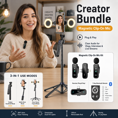 AI Face Tracking Selfie Stick Tripod – 360° Auto Tracking, 70.8" 4-Leg Stand with Dual Fill Lights & Wireless Mic Options