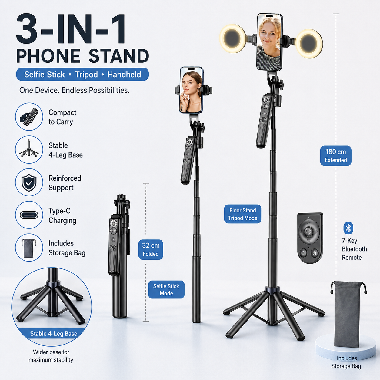 AI Face Tracking Selfie Stick Tripod – 360° Auto Tracking, 70.8" 4-Leg Stand with Dual Fill Lights & Wireless Mic Options