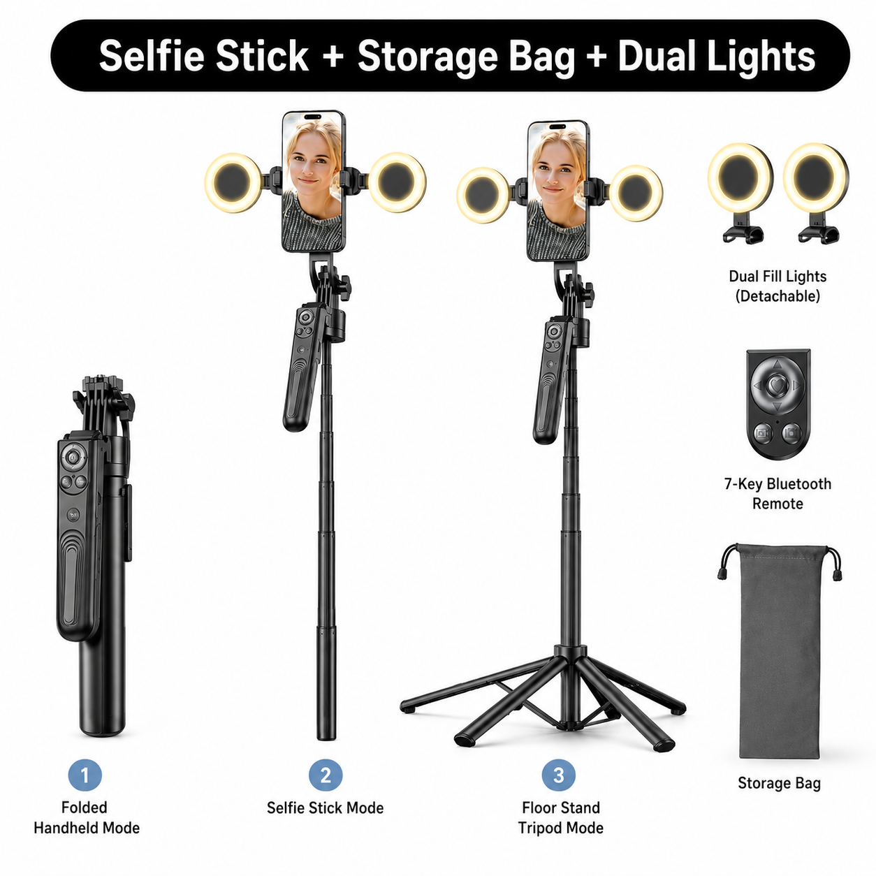 AI Face Tracking Selfie Stick Tripod – 360° Auto Tracking, 70.8" 4-Leg Stand with Dual Fill Lights & Wireless Mic Options