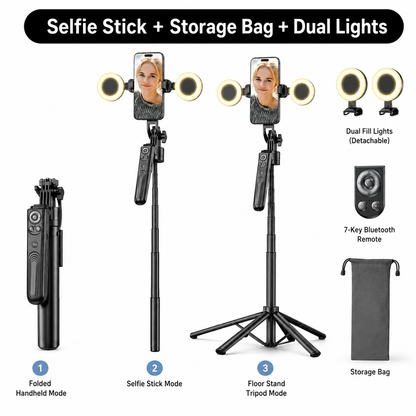 AI Face Tracking Selfie Stick Tripod – 360° Auto Tracking, 70.8" 4-Leg Stand with Dual Fill Lights & Wireless Mic Options